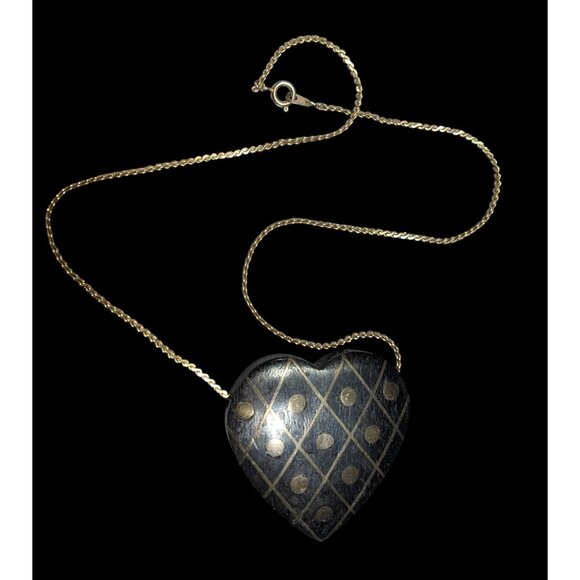 Vintage Wooden Heart Pendant Necklace With Brass Inlay - Picture 1 of 5